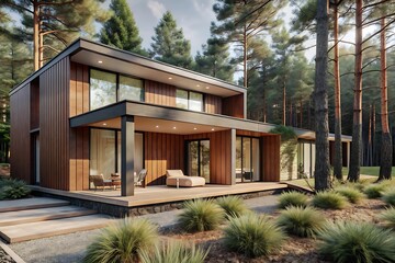 Fototapeta premium Visualization of a modern private house in the forest, Modern Minimalist Family Villa, cozy home. luxury real estate residential building concept.