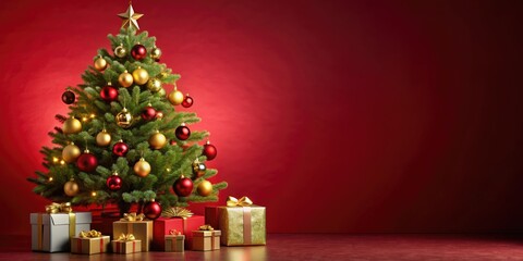 Obraz premium Festive Christmas tree with golden baubles and gifts on red background, ideal for holiday cheer , Christmas, tree, festive