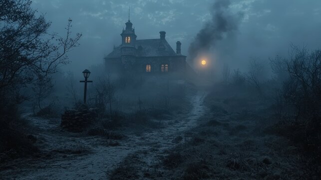 Eerie Halloween night with a horror-themed setting and thick, creepy fog shrouding the landscape for a chilling and atmospheric scene