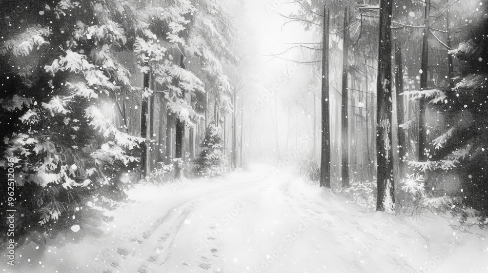 Poster a serene winter forest scene featuring a winding path blanketed in snow. tall trees coated with snow