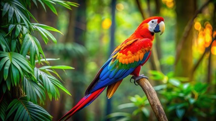 Parrot perched on a colorful branch in the jungle, parrot, branch, colorful, tropical, bird, wildlife, nature, exotic, foliage
