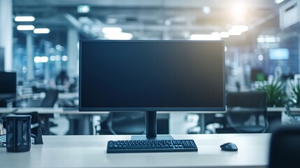 Naklejka premium Modern office desk with a computer monitor, keyboard, and mouse.