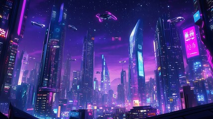 Obraz premium Futuristic Neon Cityscape with Flying Cars at Night