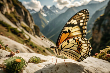 Obraz premium A Butterfly Perched on a Rock with Mountain Background