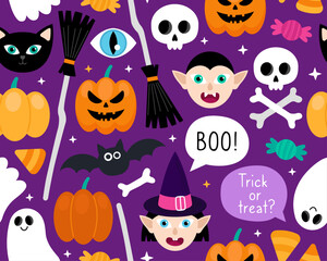 Halloween seamless pattern. Magic halloween cartoon illustration on a dark purple background. Witch, vampire, broom, pumpkins, jack-o-lantern, skull, bat, skeleton, cat. Design for wrapping paper.