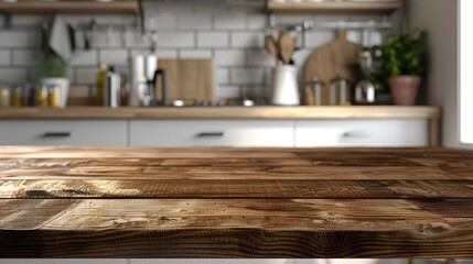 Brown wooden table on blurred kitchen background for product display or design visualization.