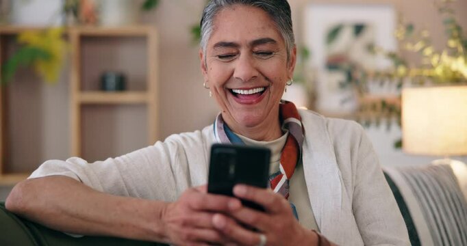 Meme, phone or mature woman laughing on social media for funny joke or website notification in home. Smile, chill and happy senior person texting on mobile app chat or reading news to relax alone