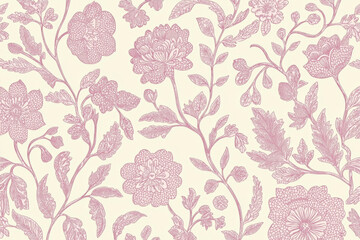 A delicate floral pattern featuring intricate pink flowers and leaves on a light background, ideal for textiles or wallpapers.