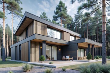 Fototapeta premium Visualization of a modern private house in the forest, Modern Minimalist Family Villa, cozy home. luxury real estate residential building concept.