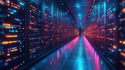 A modern data center with illuminated server racks, featuring vibrant LED lights in a long, symmetrical hallway for AI cloud computing.