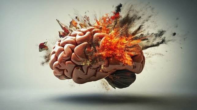 Concept art of a human brain exploding with knowledge and creativity