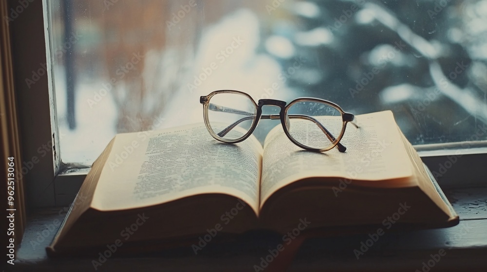 Poster an open book with glasses resting on it near a window.