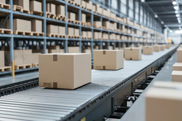 A conveyor belt in a warehouse transporting cardboard boxes for distribution and logistics.
