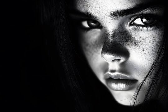 Close up Portrait of a Woman s Eye with Freckles in Black and White