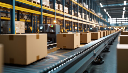 Naklejka premium A conveyor belt transporting cardboard boxes in a warehouse, highlighting logistics and distribution processes.