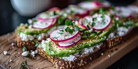 Toast topped with avocado, cream cheese, radishes, feta, red onion, and freshly ground pepper, served on a wooden board.