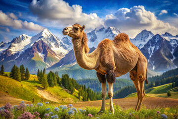 Camel Standing in a Meadow with Snowy Mountains in the Background