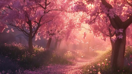 A mesmerizing path lined with cherry blossom trees glowing under the warm light of sunrise. The soft petals create a magical atmosphere, inviting viewers to wander and enjoy the beauty of nature.