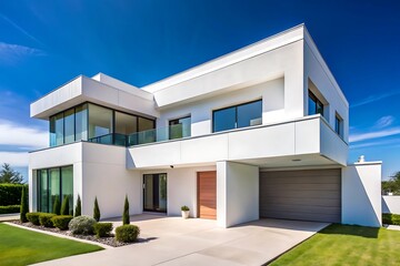 Visualization of a modern private house in the forest, Modern Minimalist Family Villa, cozy home. luxury real estate residential building concept.