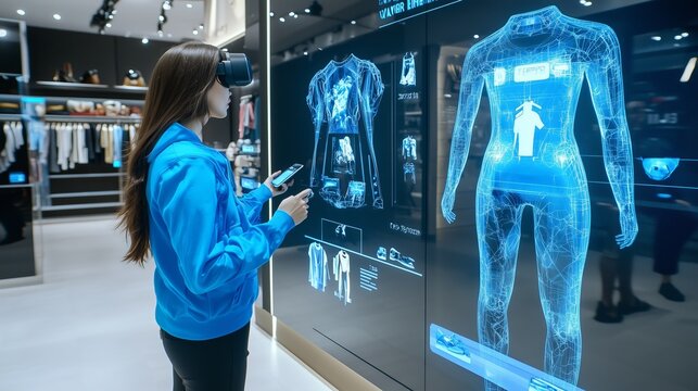 Immersive virtual reality shopping store customers can virtually try on products before buying. AI generated