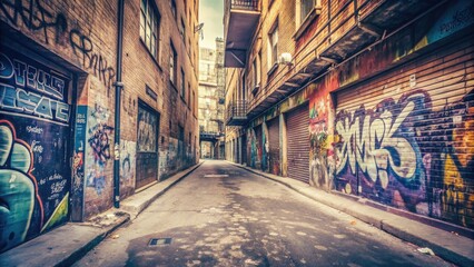 Fototapeta premium Low-angle perspective of gritty urban alleyway with graffiti walls, graffiti, urban, alleyway, low-angle, perspective