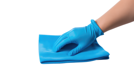 Hand in glove wiping cleaning polishing with microfiber cloth isolated on transparent white background, clipping path
