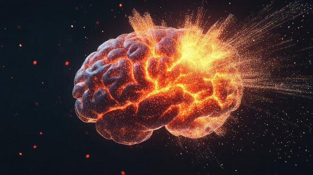 Concept art of a human brain exploding with knowledge and creativity