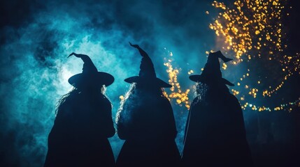 Horror-themed Halloween night with dramatic witch outfits and an ominous setting, evoking a sense of dark magic and eerie excitement