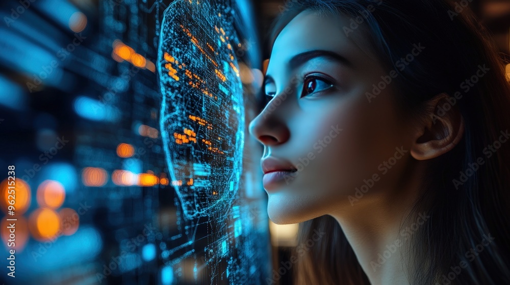 Poster a young woman looks intently at a digital screen displaying a network of data points.