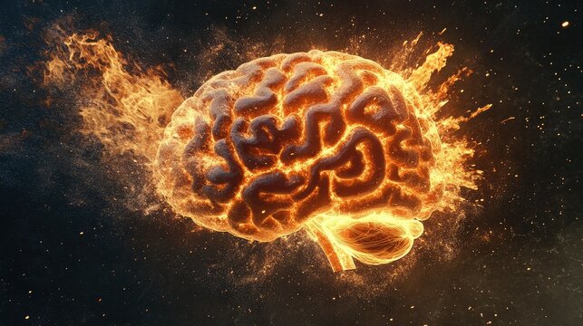 Concept art of a human brain exploding with knowledge and creativity