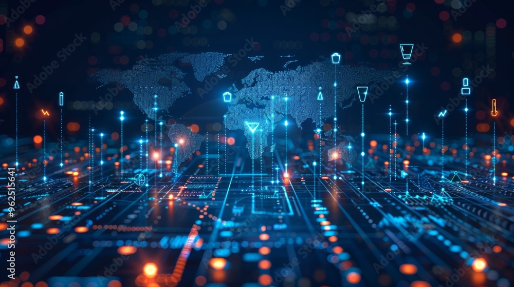 Poster digital background featuring various digital icons and data visualizations on a blue backdrop