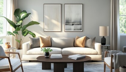 Obraz premium Modern Living Room Interior Design with White Sofa and Wooden Coffee Table