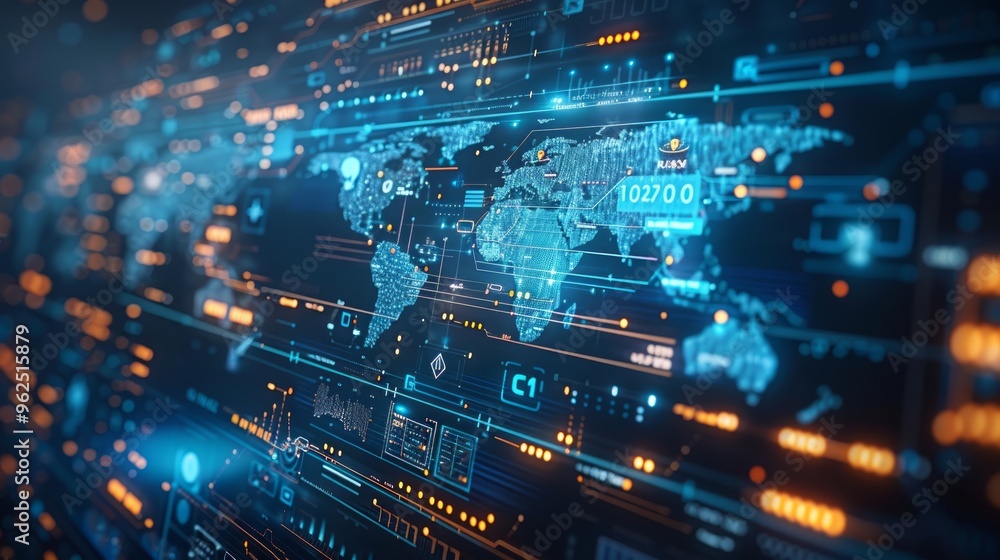 Poster digital background featuring various digital icons and data visualizations on a blue backdrop