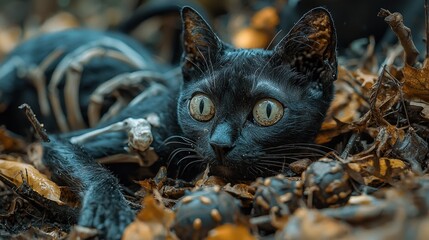 Macabre skeleton decorations with a stealthy black cat, surrounded by a sinister and hauntingly spooky atmosphere for a chilling Halloween effect