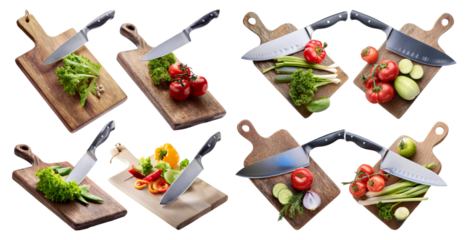 Chef’s knife on a wooden chopping board with fresh vegetables isolated on transparent background