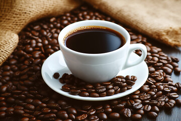 Fototapeta premium コーヒー豆と白いカップに入った一杯のコーヒー