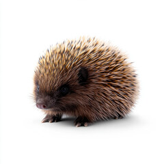 A cute hedgehog with spiky fur sits on a plain white background, showcasing its adorable and natural features.