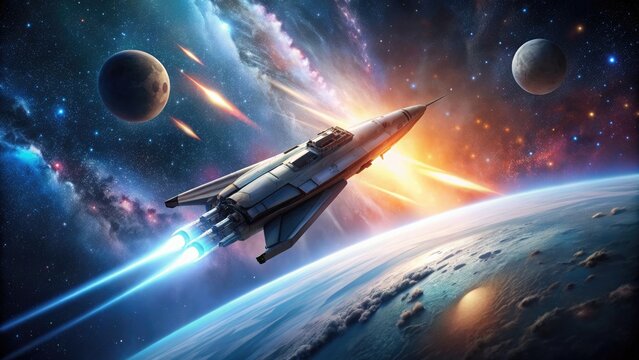 Spaceship flying through outer space with stars in the background, Spaceship, flying, outer space, stars