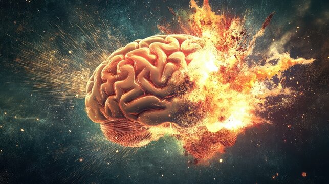 Concept art of a human brain exploding with knowledge and creativity