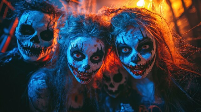 Playful Halloween costumes featuring a monster mash theme, with a touch of creepy spiders and cobwebs for a festive and chilling Halloween scene