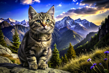 Obraz premium Tabby Cat Perched on a Mountain Ridge with Majestic Views