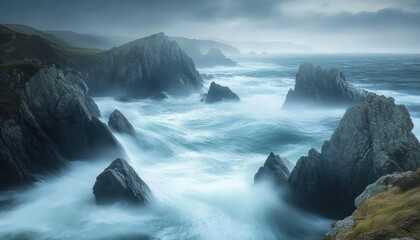 Obraz premium Dramatic Coastal Cliffs with Blurry Waves and Fog