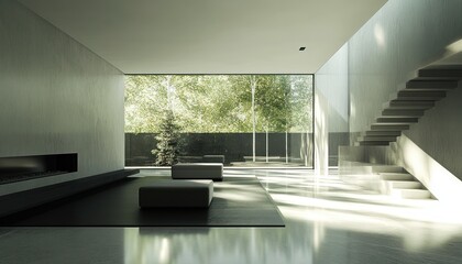 Fototapeta premium Modern Minimalist Interior with Large Window and Concrete Staircase