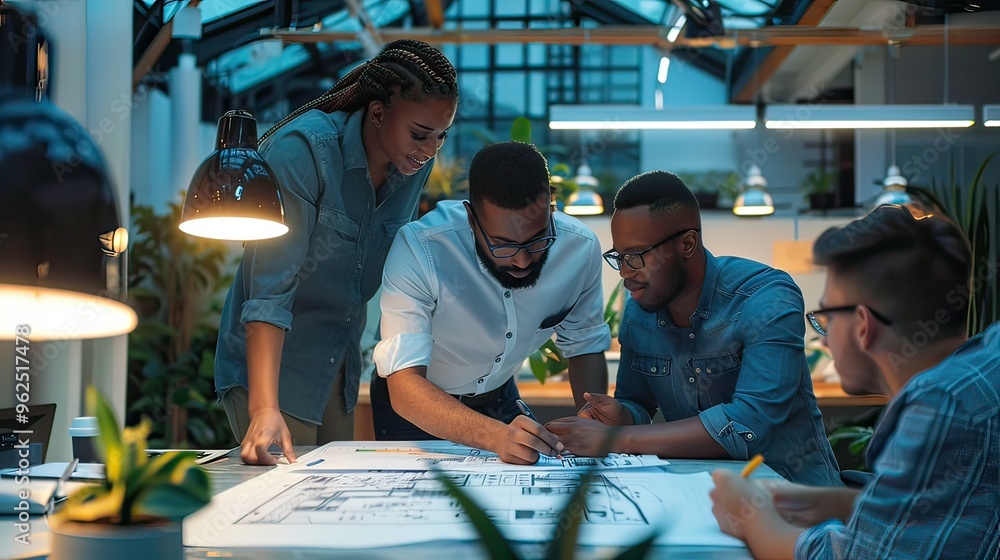 Poster a diverse team of engineers collaborating on a high-tech blueprint in a modern office.