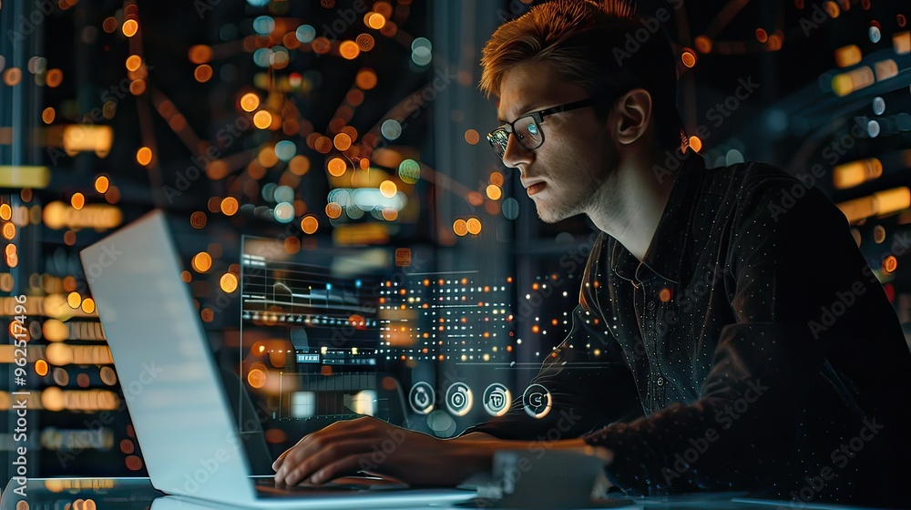 Poster a supply chain manager analyzing data on a laptop, with overlay graphics of supply chain stages and 