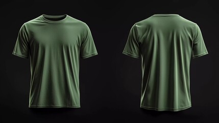 Naklejka premium Blank shirt mock up template, front and back view, plain green t-shirt isolated on black. Good tee design mockup presentation for printing