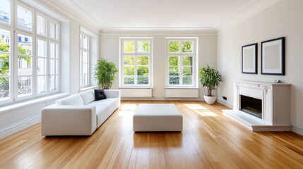 Fototapeta premium Modern, bright living room with wooden flooring, white furniture, and large windows letting in natural sunlight, creating a serene atmosphere.