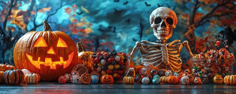 Skeleton decor and an assortment of Halloween candy creating a fun and spooky backdrop for trick-or-treaters in a vibrant Halloween scene
