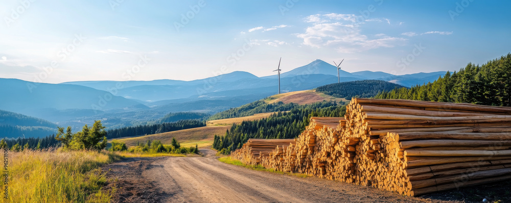 Poster stacks of timber logs in a rural setting with wind turbines in the distance, surrounded by mountains