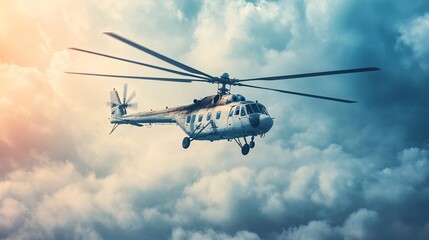 A helicopter flying through a dramatic cloudy sky at sunset, showcasing its powerful rotors.